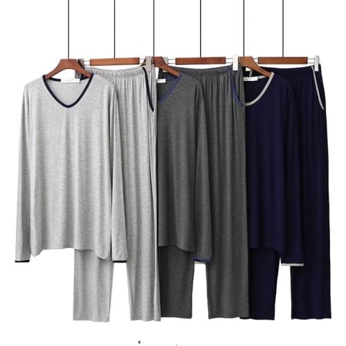 2021 Modal Pajamas For Men Spring Autumn Homewear Long Sleeve Loose Soft Sleepwear Casual V-Neck Pajama Pants Man 2Piece Set