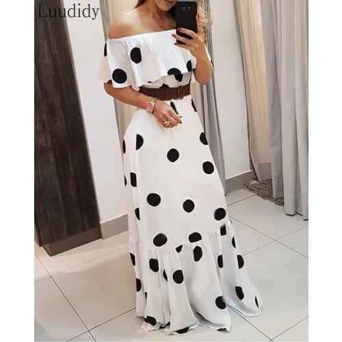 Polkadot Print Off Shoulder Ruffles Maxi Dress