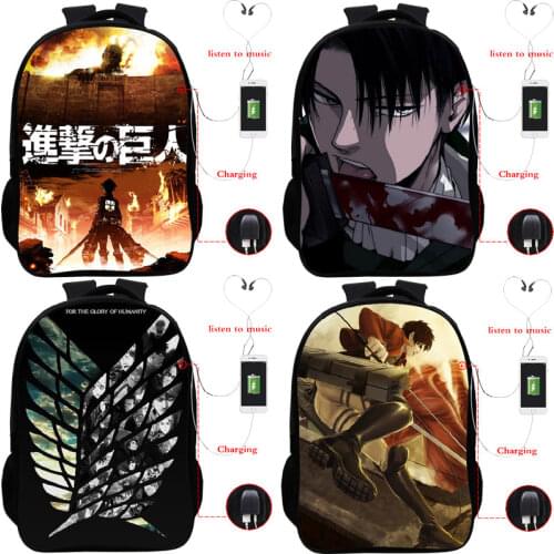 Anime Backpack Attack on Titan Printed USB Charging Schoolbags Teenager School Bag Men Women Laptop Bags Students Travel Bagpack