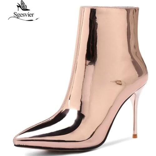 Sgesvier Silver Patent Leather Ankle Boots High Heels Boots Women Winter Shoes Female Pointed Toe Botas Woman Winter Boots B969