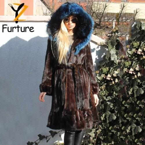 Natural Real Mink Fur Coat Women 100cm Long Whole Skin Genuine Mink Fur Jacket With Sliver Fox Fur Collar Cuffs Slim Sashes Coat