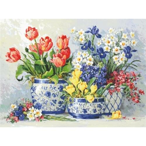 Flowers in blue and white porcelain cross stitch package 18ct 14ct 11ct cloth cotton thread embroidery DIY handmade needlework