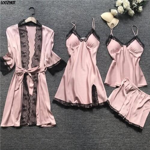 2020 Women Pajamas Sets Satin Sleepwear Silk 4 Pieces Nightwear Pyjama Spaghetti Strap Lace Sleep Lounge Pijama With Chest Pads