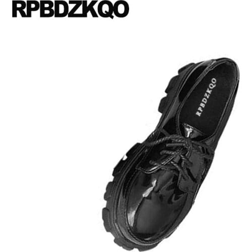 Black cheap shoes china lace up round toe casual 2019 ladies platform patent leather thick sole elevator designer shallow women