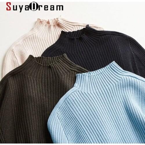 SuyaDream Woman Basic Sweaters Silk and Cashmere Blend Mock Neck Pullovers Solid Ribs Sweaters 2020 Fall Winter Bottoming Shirts