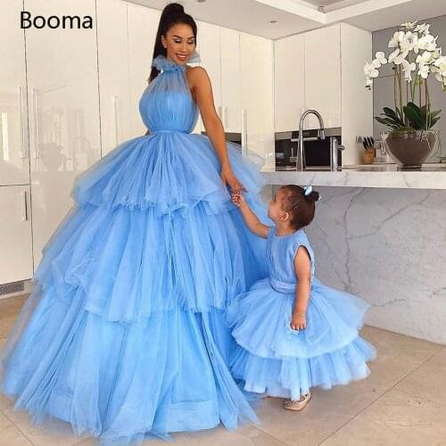 Booma Blue Ball Gown Prom Dresses 2020 High Neck Sleeveless Tiered Skirt Evening Dresses Sashes Pleated Tulle Long Formal Gowns