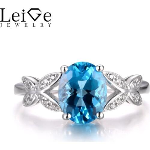 LeiGe Jewelry Real Swiss Blue Topaz Rings Engagement Rings Oval Shape Blue Stone November Birthstone Ring 925 Sterling Silver