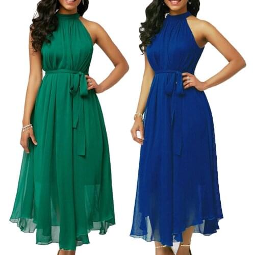 Plus Size Women Summer Solid Color Pleated Chiffon Sleeveless Belted Maxi Long Dress Vestidos Dresses Women