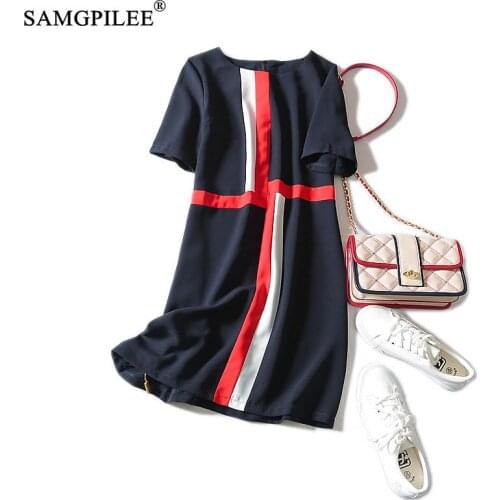 Womens summer dress 2021 New Korean Style Femme Robe Casual A-line Patchwork Short Sleeve Elegant Empire O-neck woman dresses