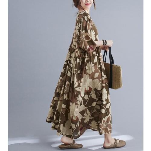 Vintage Dress 2021 New Arrival Fashion Loose Summer Dress Thin Soft Cotton Linen Beach Style Women Travel Casual Long Maxi Dress