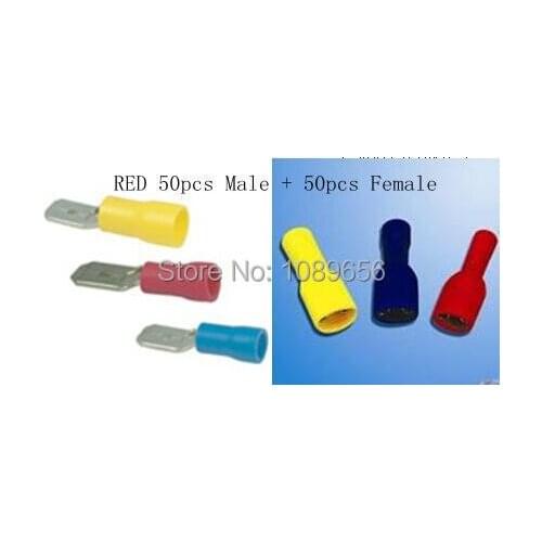 100pcs RED Fully Insulated Spade Electrical Crimp Connectors Mixed Male and Female