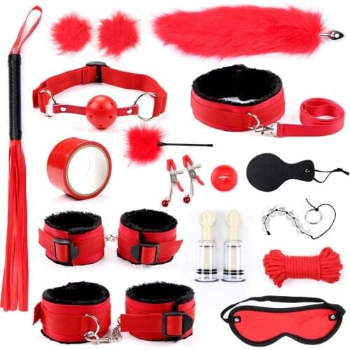 16-Piece Ribbon Red Binding Sex BDSM Games Bondage Handcuffs Leather Whip Gag Nipple Clamps Sex Toys For Couples Women Exotic