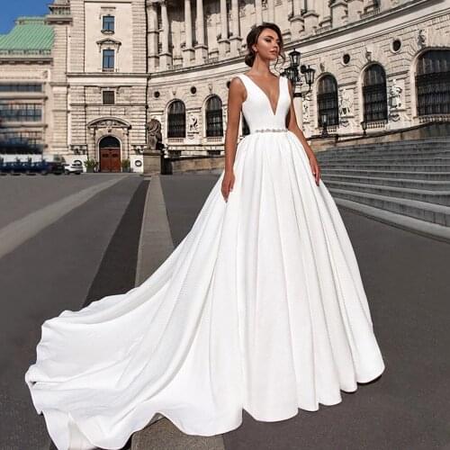 Deep V Neck Backless Satin Wedding Dresses 2021 Vestido De Noiva Ivory A-Line Sleeveless Crystal Sashes Princess Bridal Gowns