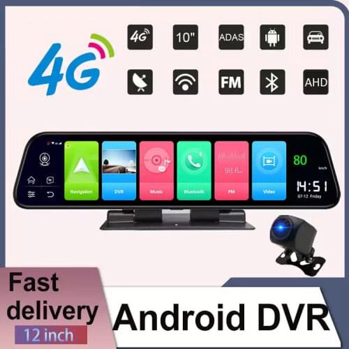 12 Inch Car DVR Camera Android Mirror Dash Cam 4G ADAS GPS Wifi Car Video Recorder Dashcam Auto Front And Rear Dual Camera Lens