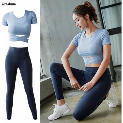 Quick Dry Women T Shirt Yoga Crop Tops Fitness Gym High Waist Leggings Sports Running 2 Piece Set Workout Clothing Ropa Mujer