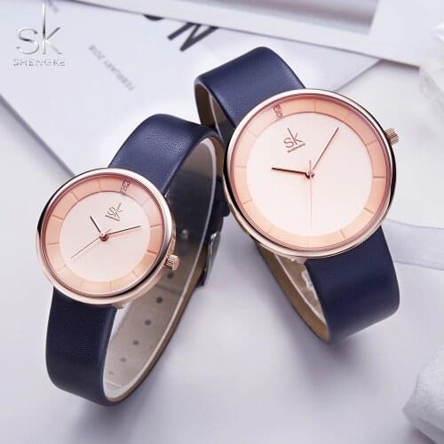 Shengke Brand Quartz Couple Watch Creative Dial Blue Leather Watches For Lovers Black Simple Women Quartz Watch Reloj Mujer