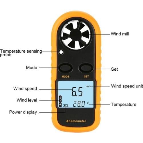 Digital Anemometer 0-30m/s Wind Speed Gauge Meter with LCD Backlight Display -10 ~ 45C Temperature Tester Handheld Anemoscope