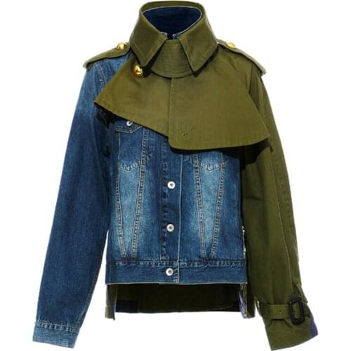 Self-design Stand Collar Patchwork Denim Jacket Jeans Stitching Contrast Color Windbreaker Jacket Long Sleeve Vintage Denim Coat