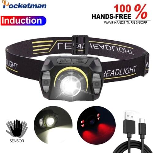 8000lm Rechargeable Headlamp with Sensor USB LED Portable Headlamp Super Bright White Red Lights Waterproof Zoom Lanterna 2Packs