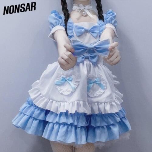 NONSAR Women Maid Outfit Lolita Dress Blue And White Apron Dresses Japanese Cute Party Sweet Sexy Dress Cosplay Costumes
