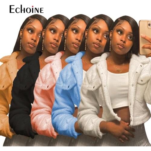 Echoine Winter Fashion Casual Women Cropped Wool Jackets Turn Down Collar Long Sleeve Outerwear Streetwear Buttons bubble Coats