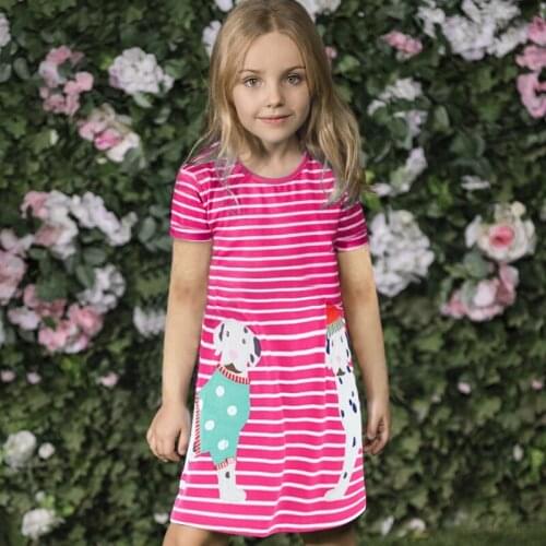 Summer Little Girl Trende Casual Cotton Cartoon Applique Tunic Striped Dress Casual O-neck Shirt