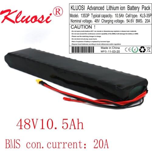 KLUOSI 48V 10.5Ah 11Ah 13S3P 10Ah 54.6V Li-ion Rechargeable Battery Pack Built-in 20A BMS for 250W 450W 750W Scooter Ebike Motor