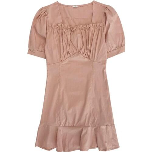Cute girly pink neckline fold design puff sleeve temperament square neck slim dress