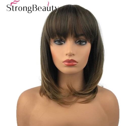 Strong Beauty Synthetic Natural Straight Wigs Medium Length Wigs with Neat Bang Capless Women Hair