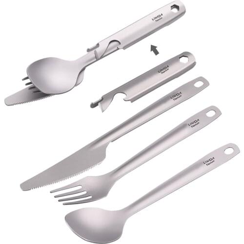 Lixada Titanium Flatware Cutlery Set Dinner Camping Spoon Fork Cutter Holder Bottle Opener for Camping Hiking Backpacking Picnic