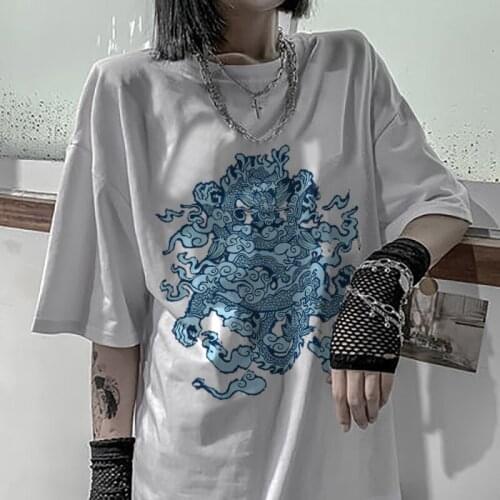 Clothing ladies 2020% 100 cotton dragon T-shirt Korean style clothing Oversized loose shirt tops Retro T-shirt tops undefined