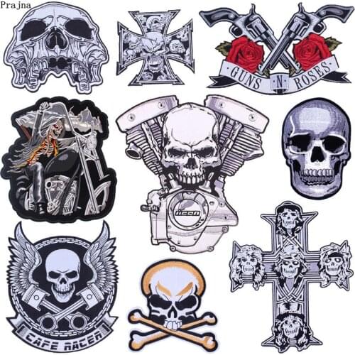 Prajna Punk Guns N Roses Skull Motorcycle Patches Embroidery Patches For Clothing Biker Iron On Patches Stripe On Clothes Jacket