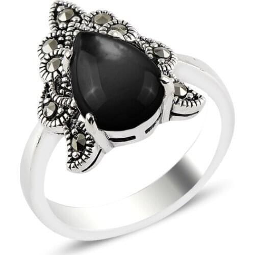 Silver 925 Sterling Onyx & Marcasite Ring
