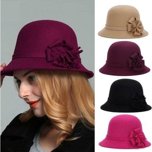 Women Warm Wool Felt Fedora Flowers Hat Ladies Wide Brim Hat Autumn Winter Noble Elegant Girls Fashion Party Cap