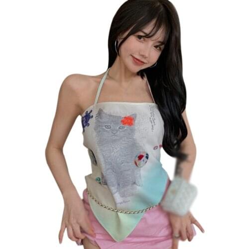 Summer Women New Short Sexy Streetwear Cat Printing Sleeveless Top Female Tanks Camis Crop Tops