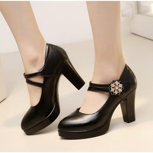 Spring and Autumn cheongsam single shoes high heel thick with waterproof platform black leather shoes