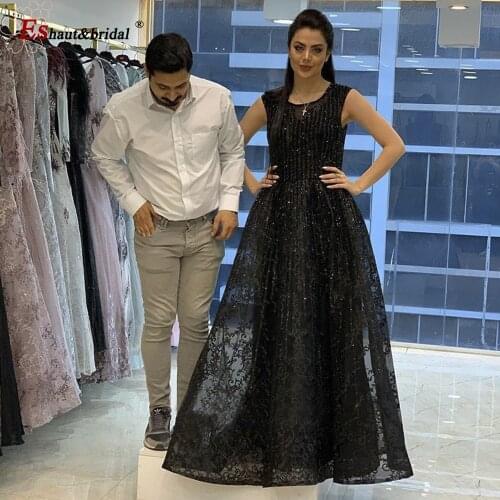 Dubai Blue A-Line Luxury Sleeveless Evening Dresses 2020 O-Neck Crystal Handmade Sexy Full Lace Long Formal Party Gowns