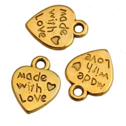 Vintage Gold Charms Bracelets Suspension DIY Decoration Handcrafts Heart Made Wiht Love Flat Fashion Jewelry Findings 12mm 70pcs