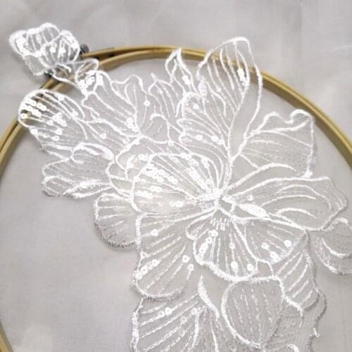 1 Mirror Pair Floral lace Sequined Applique for DIY Bride Hair Accessories Lace Patch Bridal Bodice Applique Wedding Dress