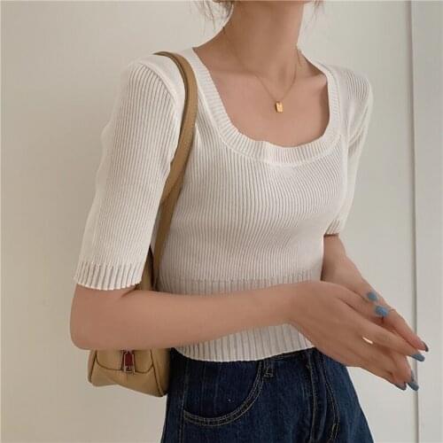 2021 Summer All Match Solid Square Collar Knitted T Shirt Women Fashion Short Sleeve Casual Tops Basic Tee Shirt Femme Clothing