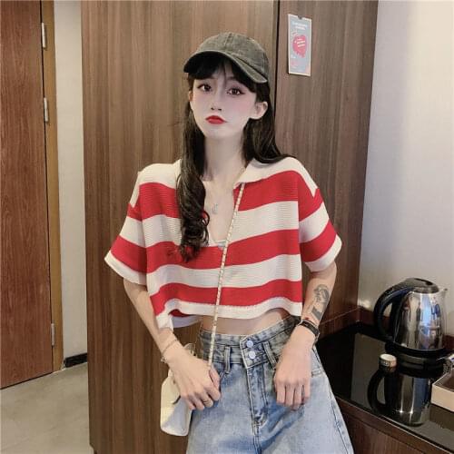 Woman TShirts 2021 Summer Loose V-neck Striped Short-Sleeved T-shirt Womens Top Crop Top Mujer Camisetas