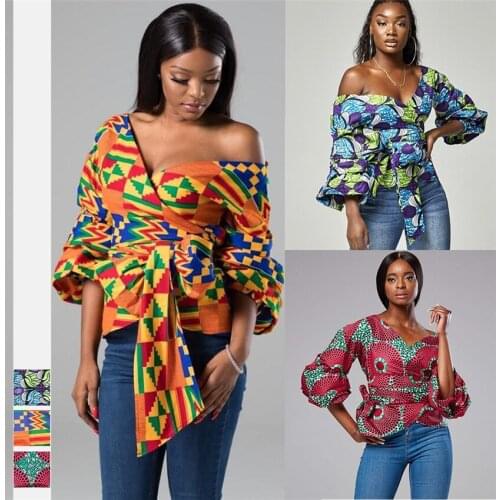 Women African Dashiki Print Sexy V-neck Off Shoulder Trumpet Sleeve Elegant Bandage Top Summer Clothes Fashion Women
