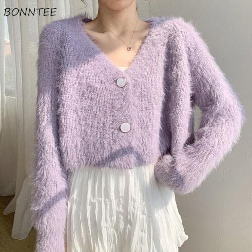 Cardigan Women V-neck Short Solid Single Breasted Knitting Elegant Daily Soft Korean Style Leisure Trendy Loose Spring Ladies