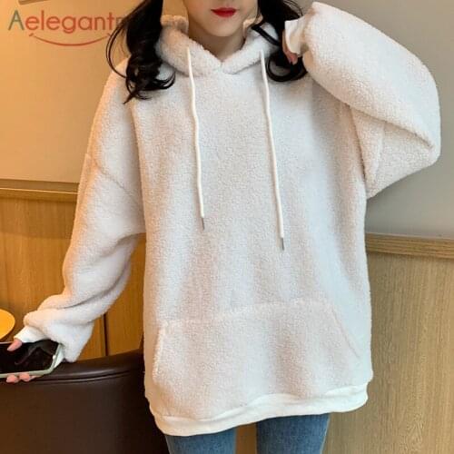 Aelegantmis Korean Lamb Wool Hooded Loose Sweatshirts Women Oversized Boyfriend Teddy Pullovers 2021 Winter Warm Causal Coats