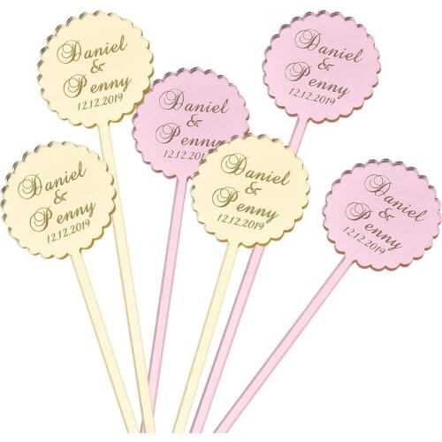 12Pcs Personalized Cocktail Stirrer Wave Circle Custom Same Name Swizzle Stir Stick Wedding Bridal Table Decor Bachelorette Tag