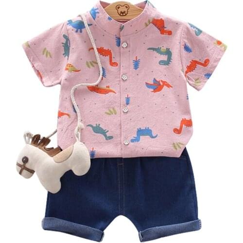 2Pcs/set Baby Boy Cotton Short Sleeve Summer Cartoon Pattern Shirt Top + Denim Shorts Casual Cute Set Clothes