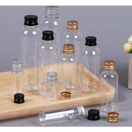 5ml 10ml 20ml 30ml Gold Silver Black Aluminum Cap PET Refillable Bottles Mini Vial Medicine Candy Milk Power Perfume Containers