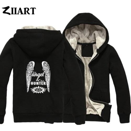 Anti-Possession supernatural wing Castiel the angel hunter balck Boys Man Male Full Zip Autumn Winter Plus Velvet Parkas ZIIART