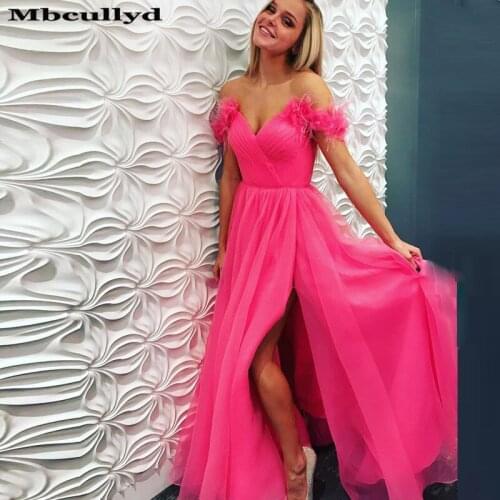 Mbcullyd Luxury Feathers Prom Dresses Long 2020 Sexy High Split Fuschia Evening Dress For Women Cheap Plus Size Robe de soiree