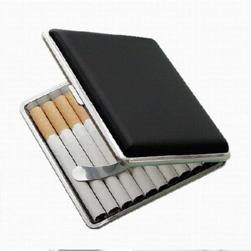 Black Leather Cigarette Case Metal (Full Pack 20s) Clamshell Anti-Pressure Clip Open Retro Tobacco Scroll Box Holder